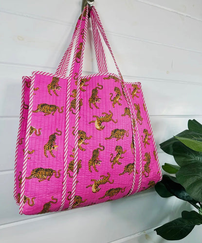 Pink Tiger Quilted Tote Bag