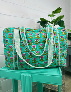 Aqua Floral Print Quilted Weekender Bag