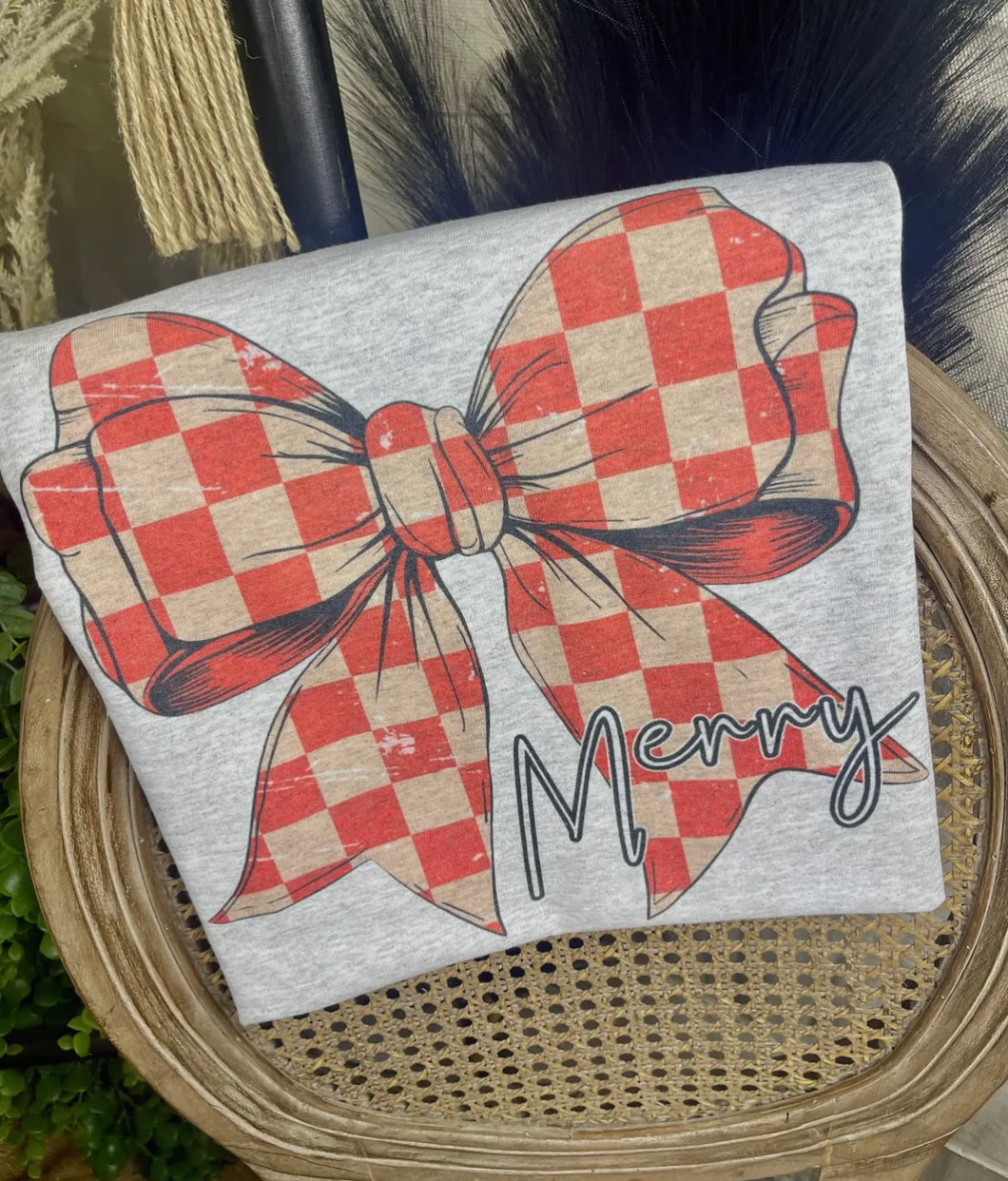 Checkered Merry Christmas Bow Graphic Tee